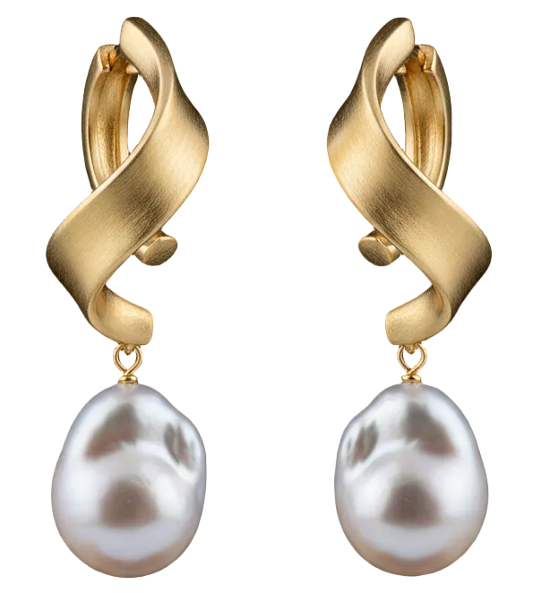 18K Brushed Gold Twisted Ribbon Earrings – Baroque Pearl
