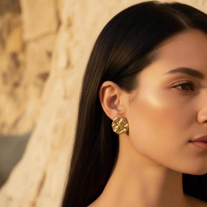 Gold Disc Earrings — Editorial Campaign, Light Skin