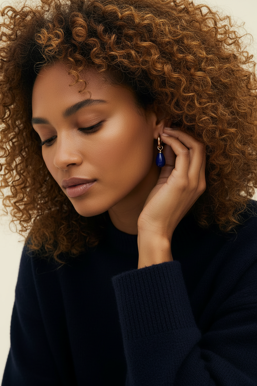 Azure Stone Hoop Earrings - Rose Gold - Model Wear