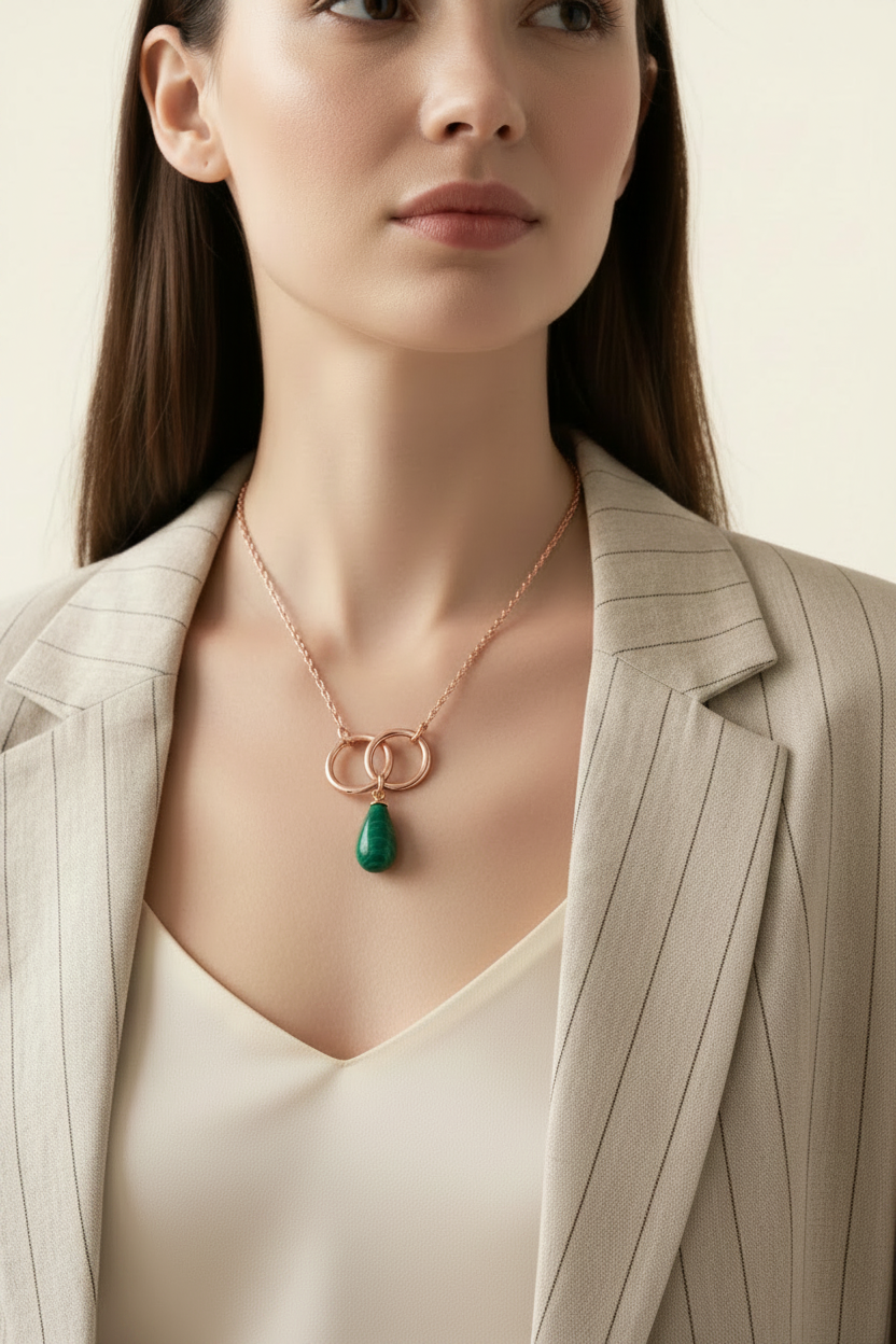Malachite Infinity Link Necklace - Rose Gold - Model Wear