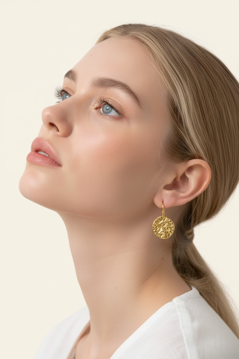 Lumière Coin Drop Earrings – Gold, model side profile