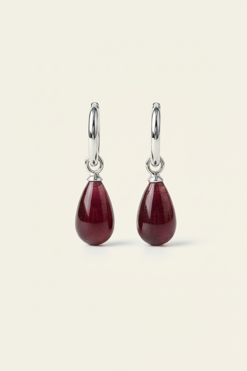 Garnet Huggie Drop Earrings - Silver - Front View
