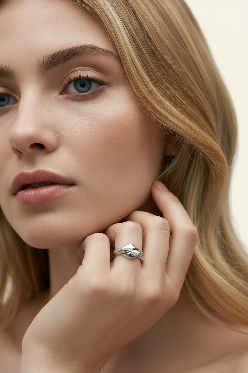 Ribbon Twist Open Band Ring in Silver - Worn on Hand