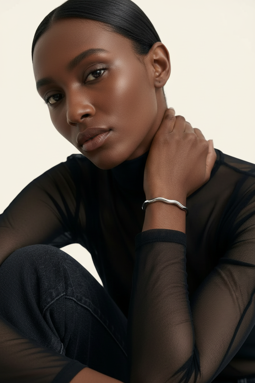 Tide Ripple Cuff Bracelet in Silver - Portrait Lifestyle