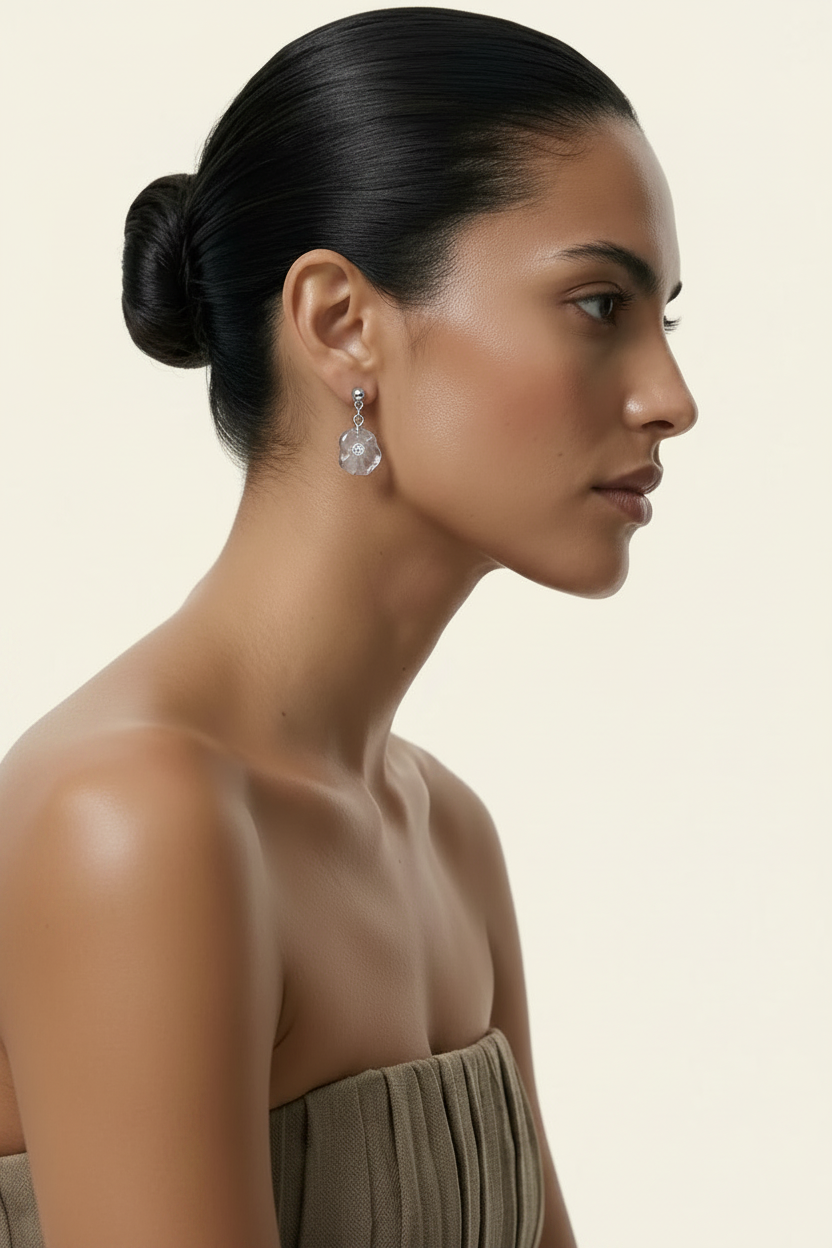 Quartz Petal Drop Earrings Silver - Side Profile