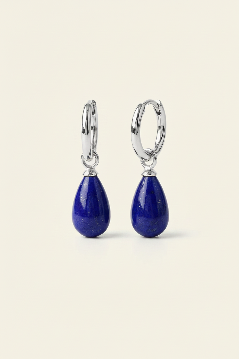 Azure Stone Hoop Earrings - Silver - Front View