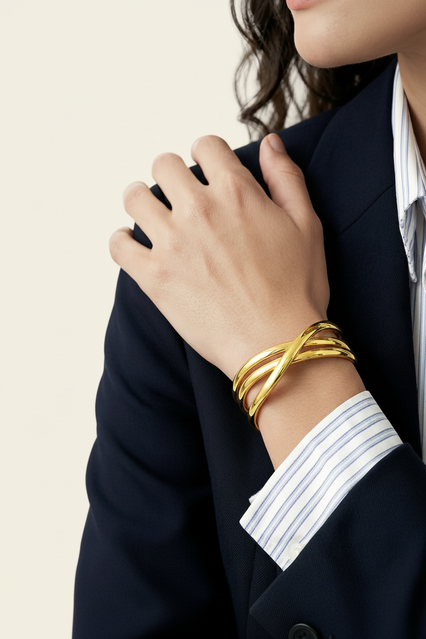 Twist Cuff Bracelet - Rose Gold - Lifestyle Hand to Chest