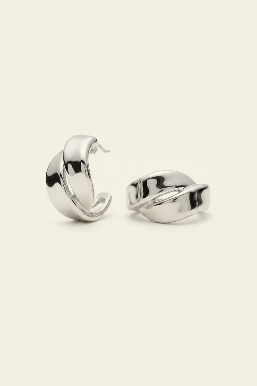 Crumple Hoop Earrings - Silver - Angled Pair Shot