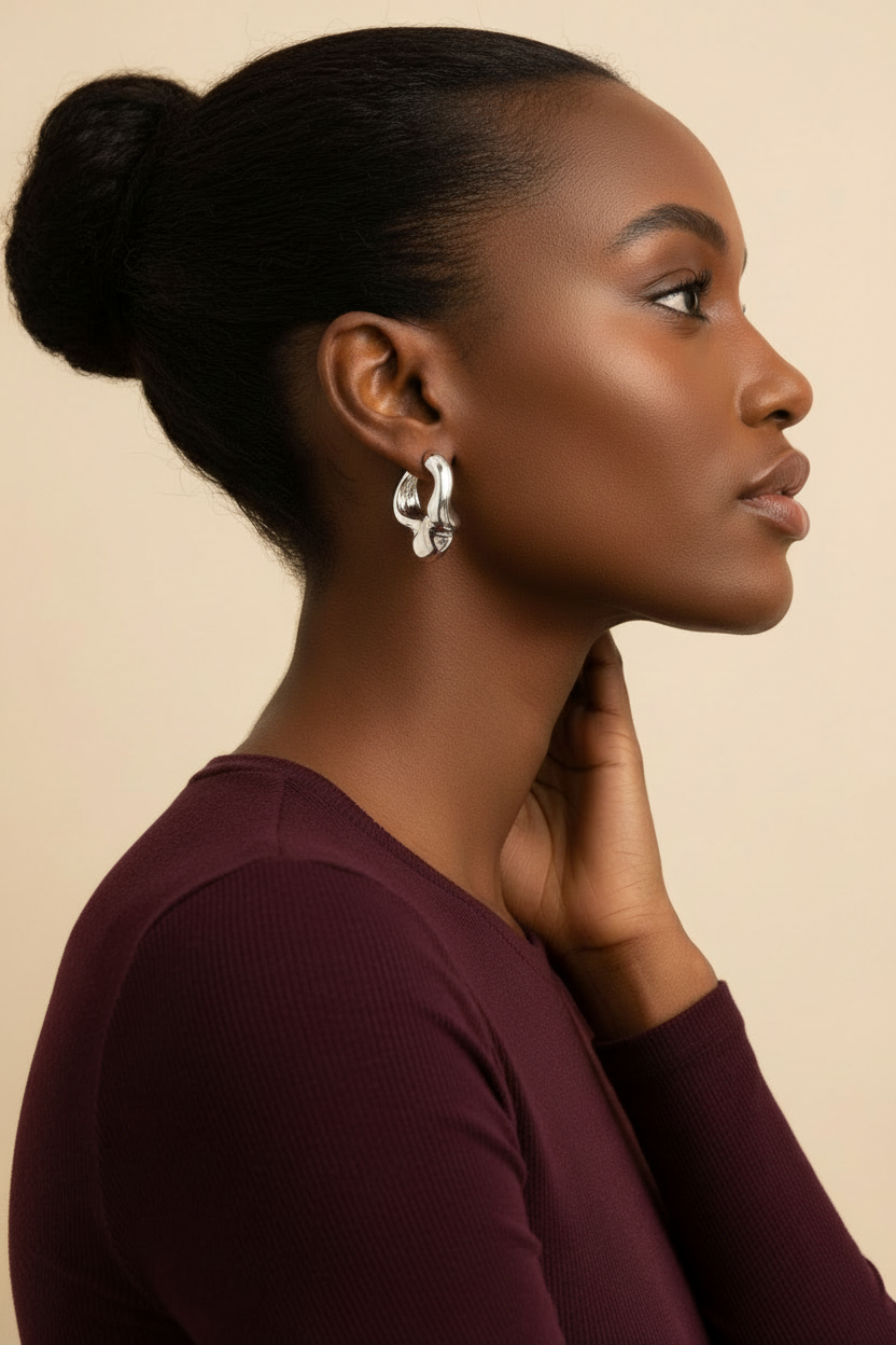 Crumple Hoop Earrings - Silver - Lifestyle Side Profile