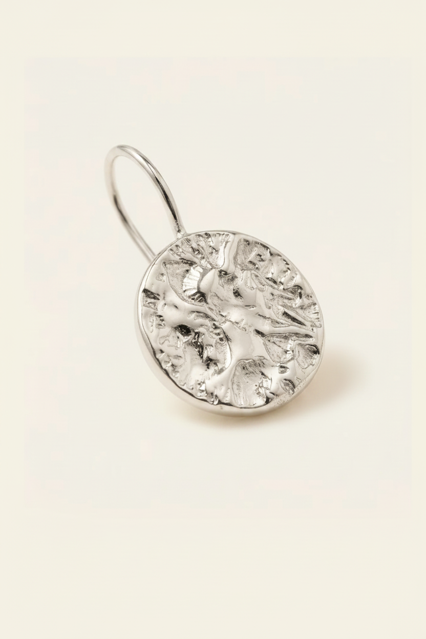 Lumière Coin Drop Earrings – Silver, single earring detail