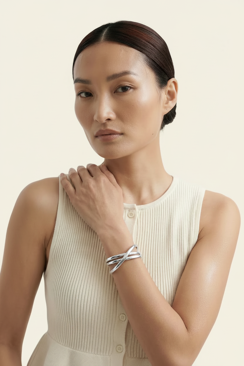 Lace Cuff Bracelet - Silver - Lifestyle Facing Camera