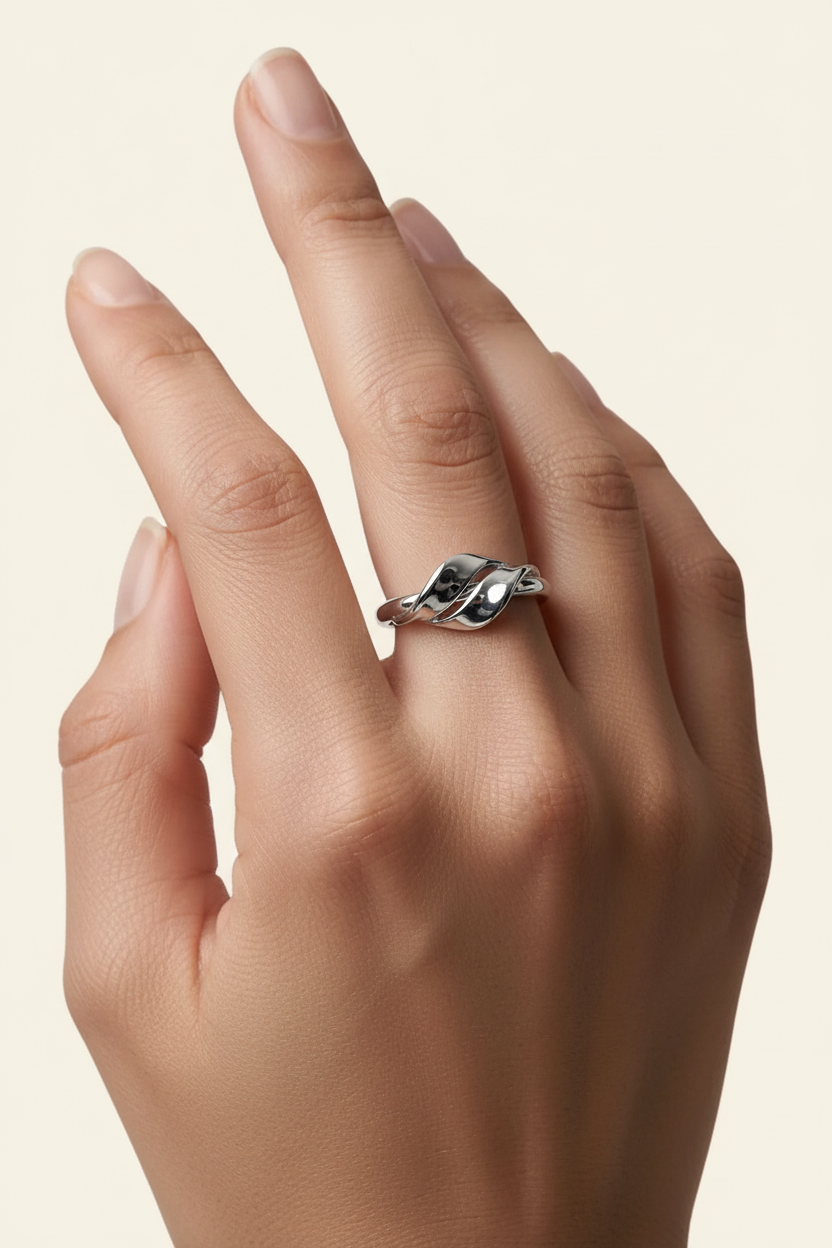 Fluid Knot Open Band Ring in Silver - Worn on Hand