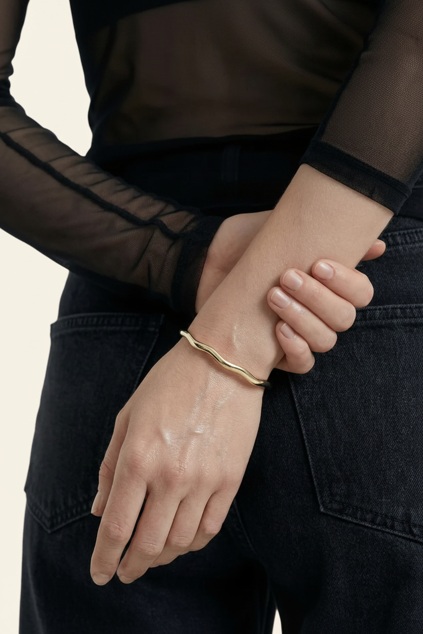 Tide Ripple Cuff Bracelet in Gold - Worn on Wrist