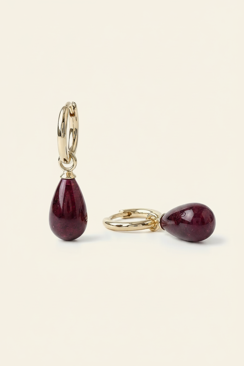Garnet Huggie Drop Earrings - Gold - Angled View