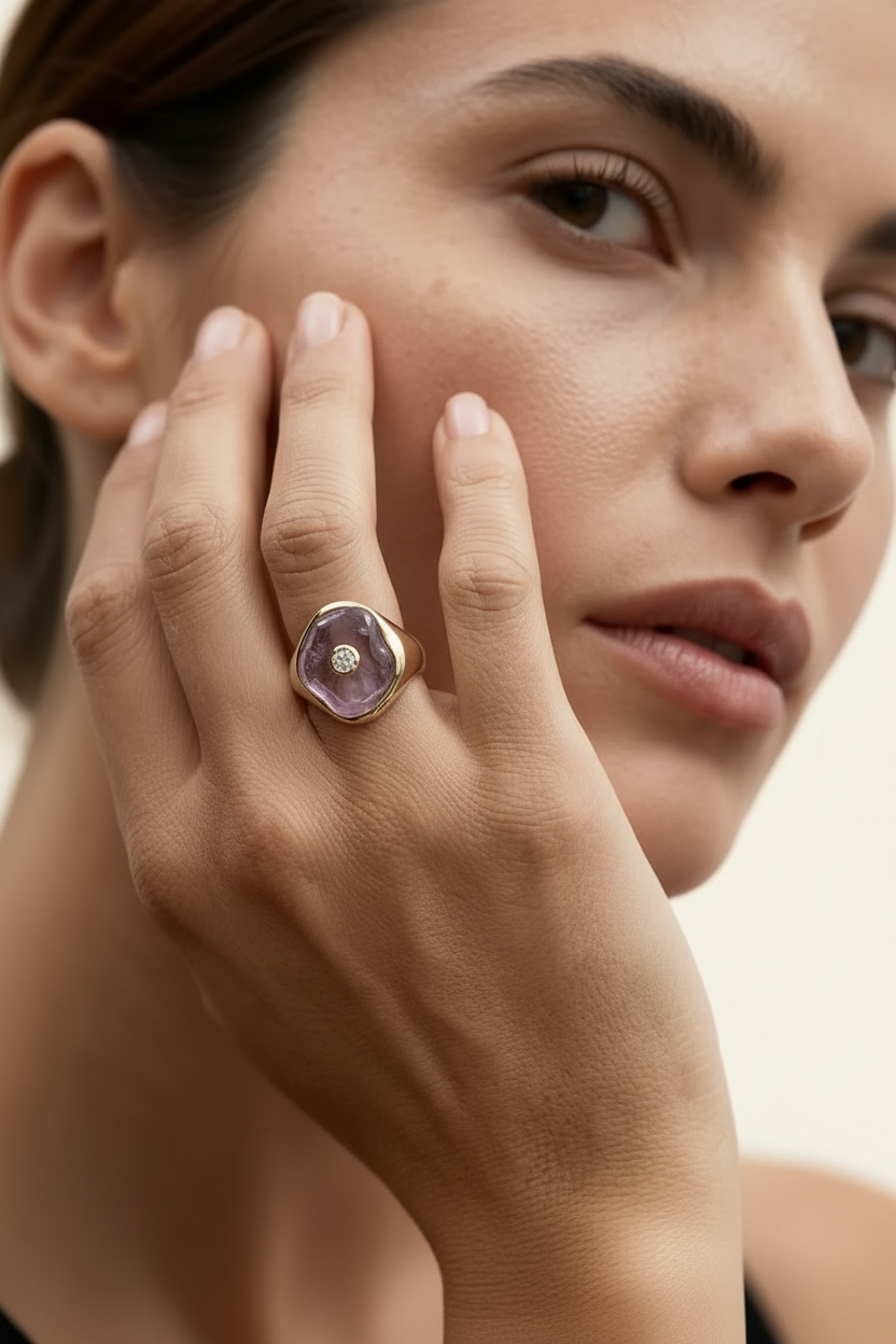 Violet Stone Signet Ring Rose Gold - Model Hand