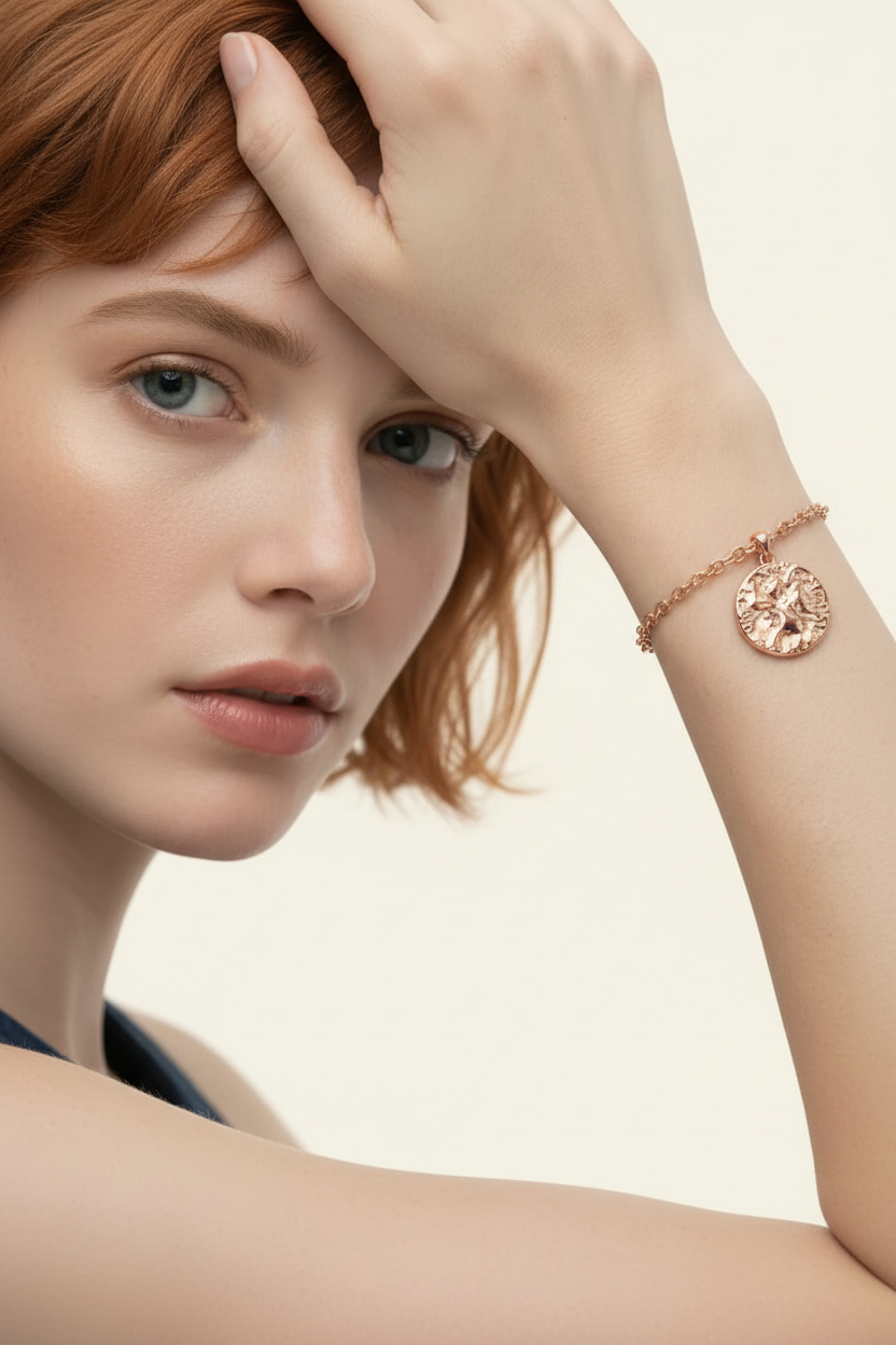 Lumière Medallion Charm Bracelet – Rose Gold, model wrist close-up