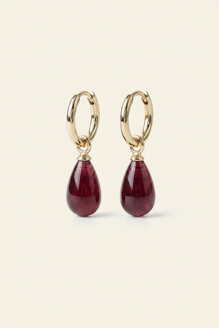 Garnet Huggie Drop Earrings - Gold - Front View
