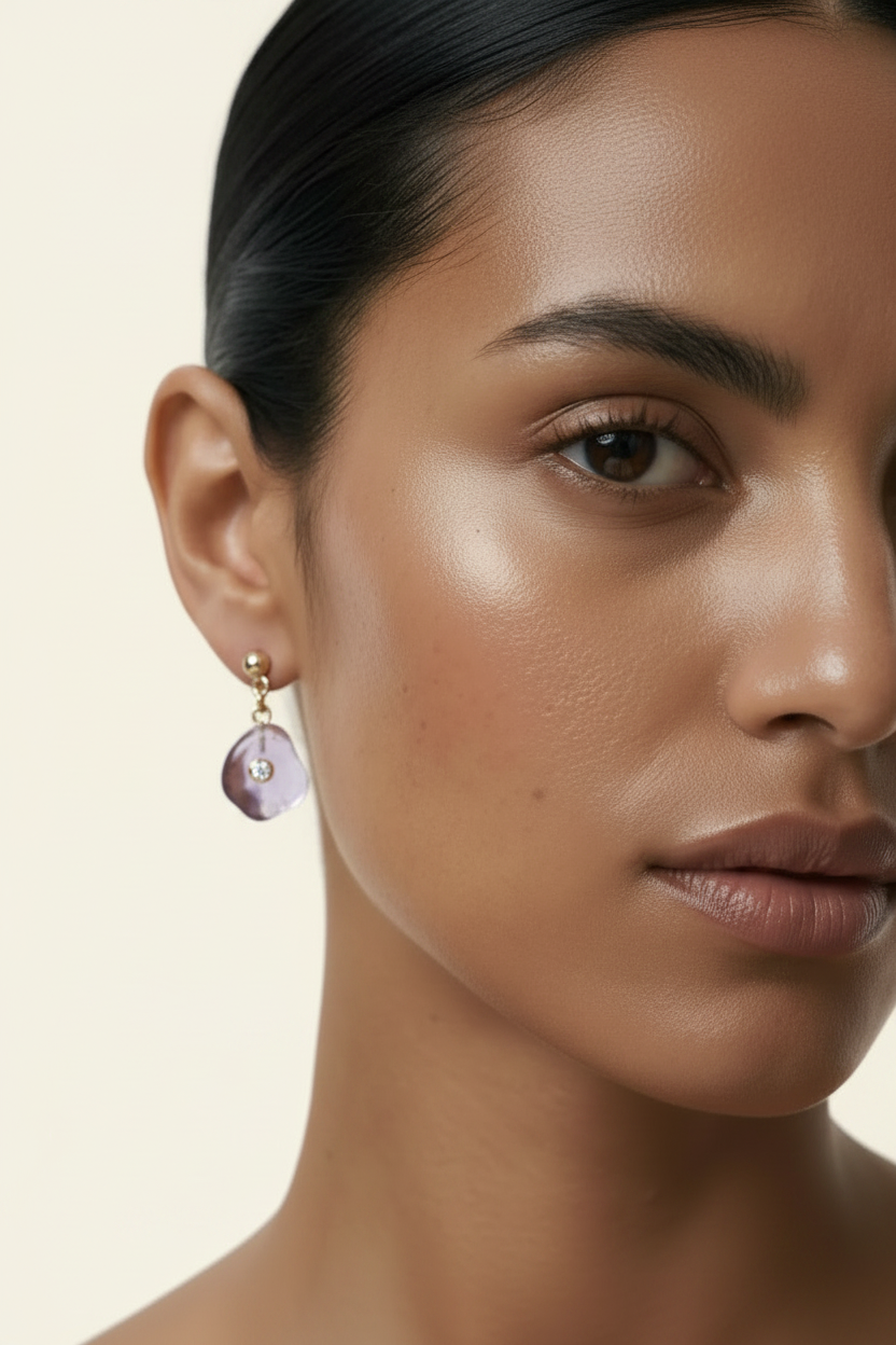 Quartz Petal Drop Earrings Silver - Face Close-up