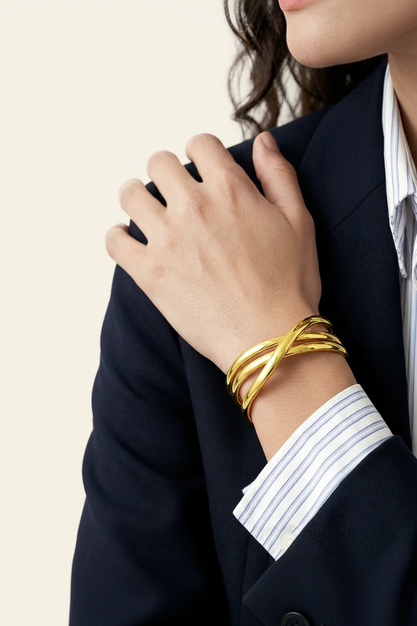 Twist Cuff Bracelet - Gold - Lifestyle Hand to Chest