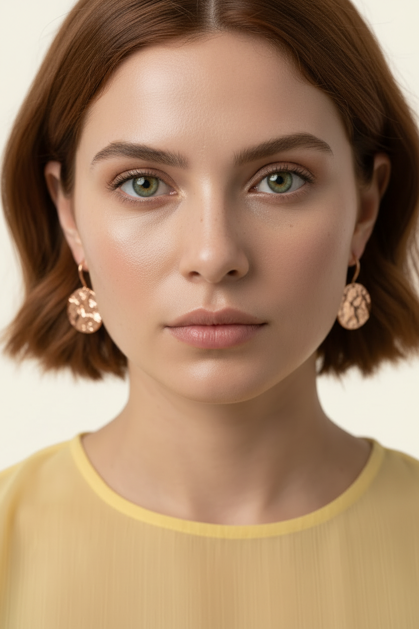 Lumière Coin Drop Earrings – Rose Gold, model front portrait