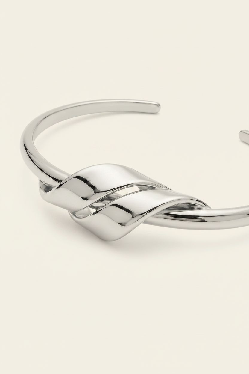 Knot Cuff Bracelet - Silver - Angled Macro Detail