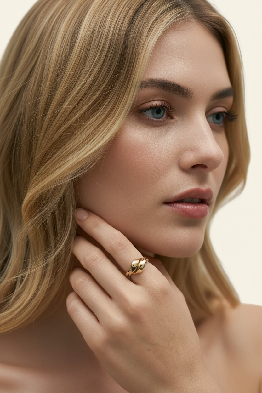 Ribbon Twist Open Band Ring in Gold - Worn on Hand