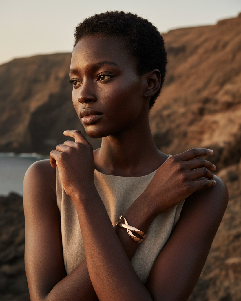Rose Gold Sculptural Cuff with Model