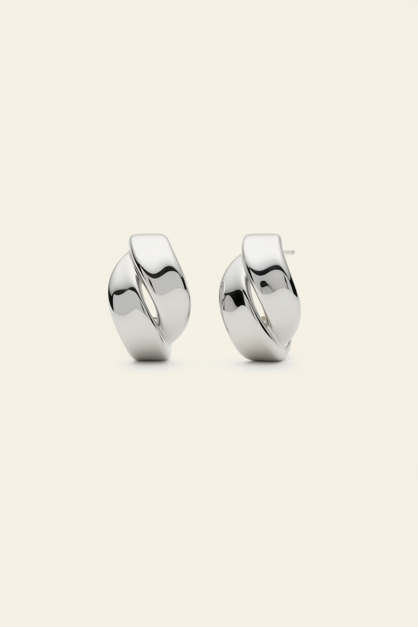 Sculptural Wave Hoop Earrings in Silver - Front View