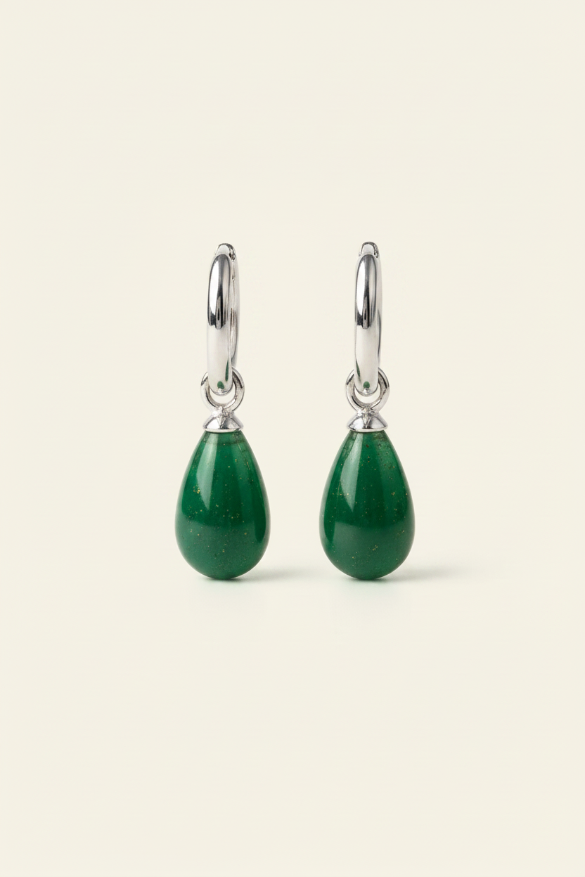 Terra Stone Drop Hoops - Silver - Front View