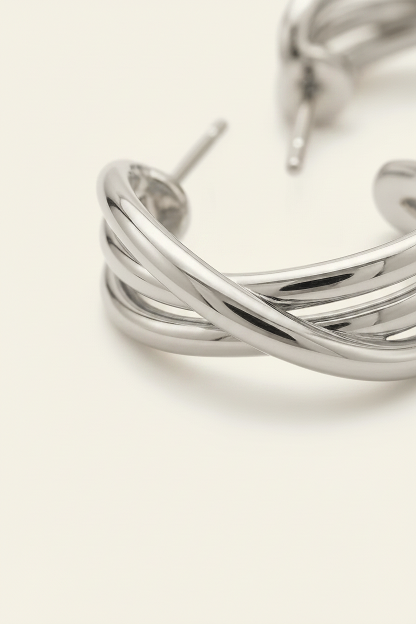 Weave Hoop Earrings - Silver - Macro Close-up