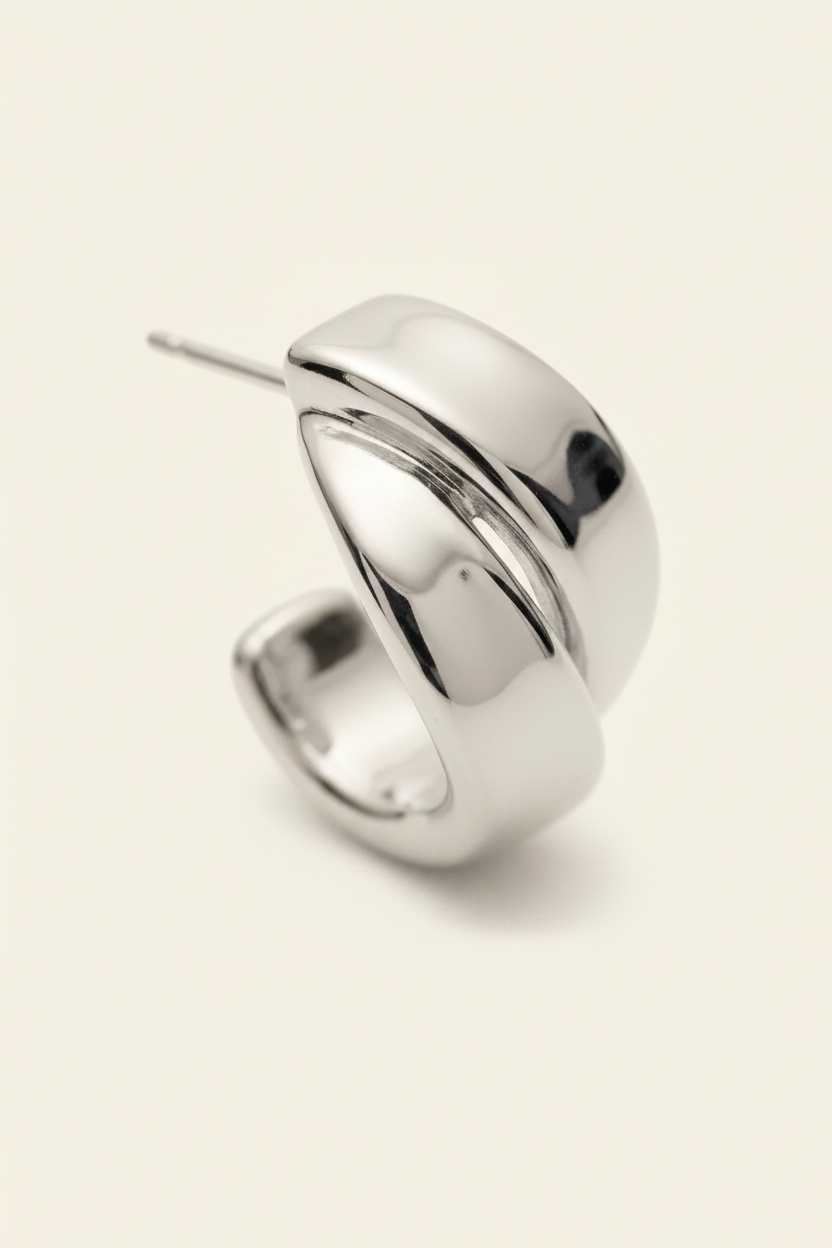 Crumple Hoop Earrings - Silver - Single Earring Macro