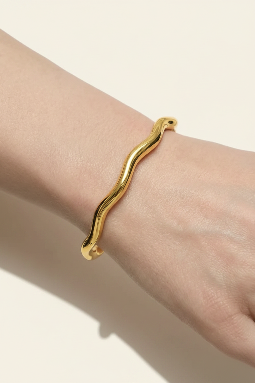 Dune Wave Cuff Bracelet in Gold - Worn on Wrist