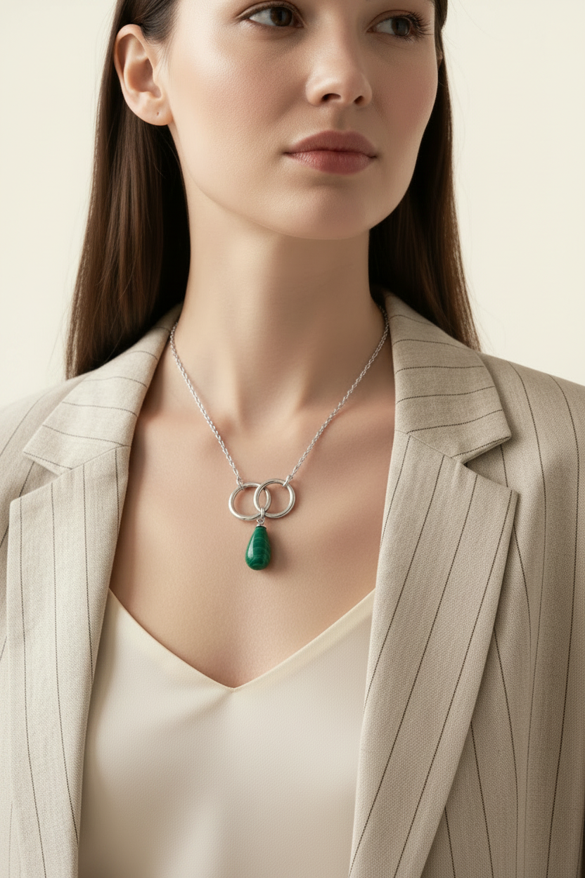 Malachite Infinity Link Necklace - Silver - Model Wear