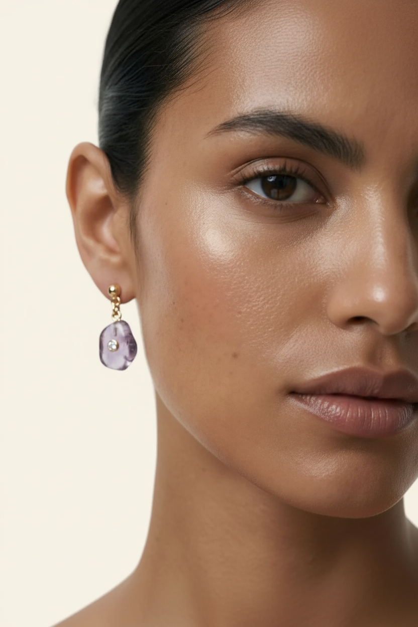 Quartz Petal Drop Earrings Gold - Face Close-up