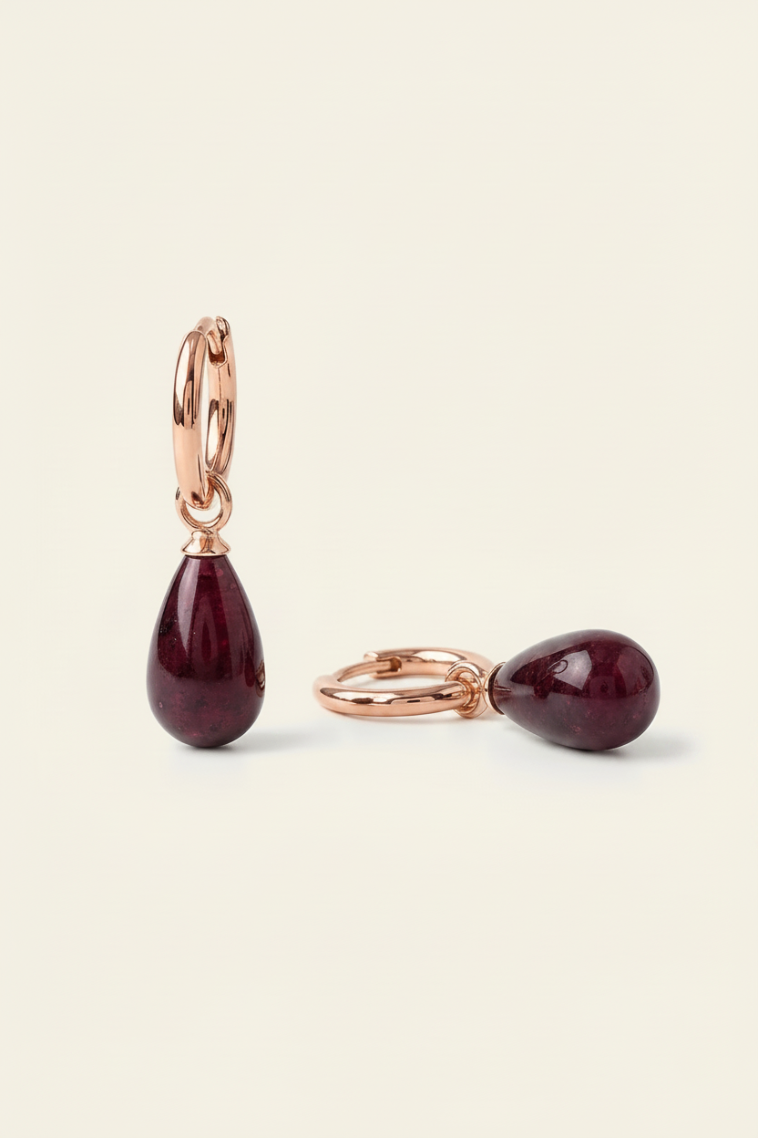 Garnet Huggie Drop Earrings - Rose Gold - Angled View