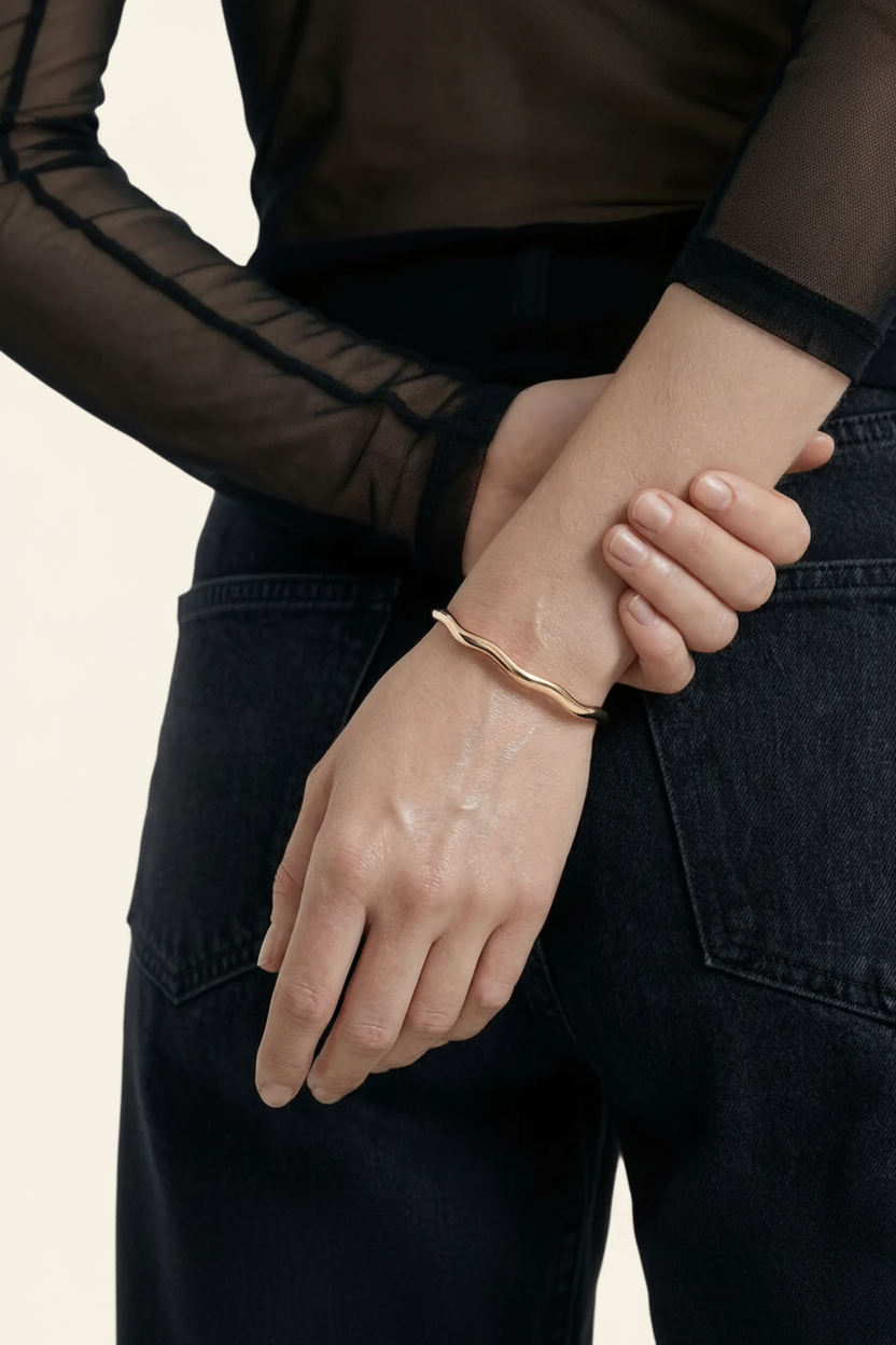 Tide Ripple Cuff Bracelet in Rose Gold - Worn on Wrist