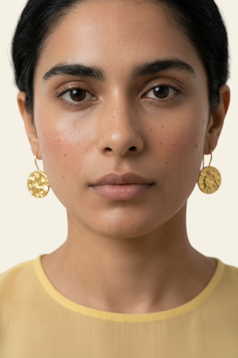 Lumière Coin Drop Earrings – Gold, model front portrait
