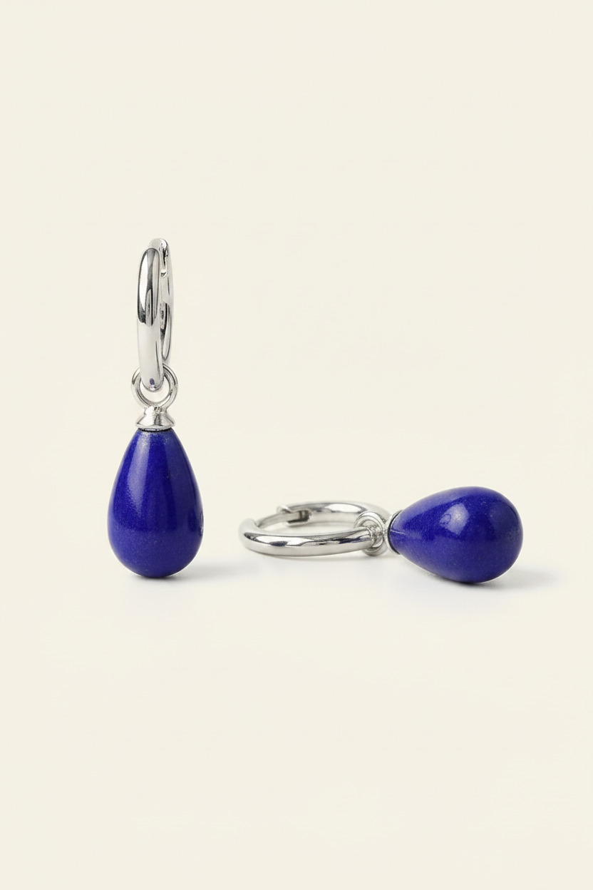 Azure Stone Hoop Earrings - Silver - Angled View