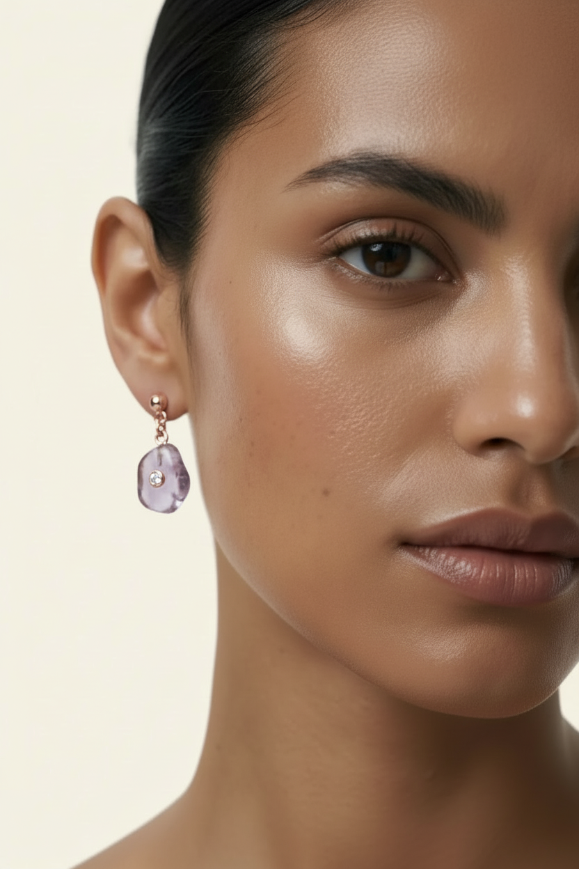 Quartz Petal Drop Earrings Rose Gold - Face Close-up