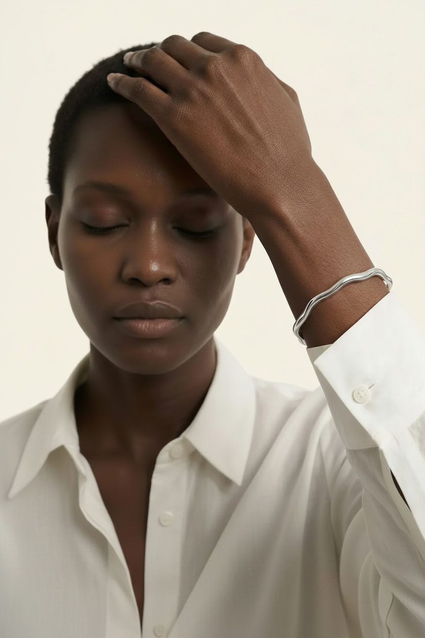 Ripple Cuff Bracelet - Silver - Lifestyle Hand to Face