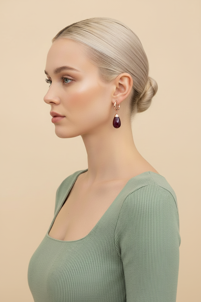 Garnet Huggie Drop Earrings - Rose Gold - Model Side Profile