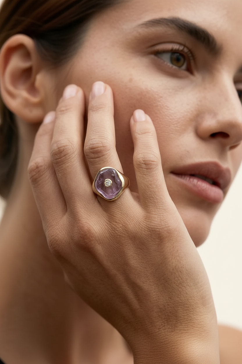 Violet Stone Signet Ring Gold - Model Hand