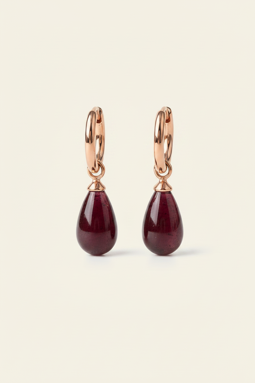 Garnet Huggie Drop Earrings - Rose Gold - Front View