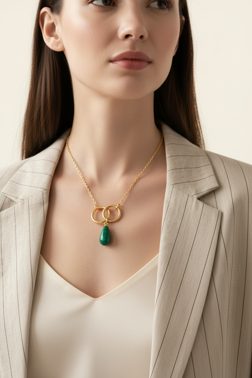 Malachite Infinity Link Necklace - Gold - Model Wear