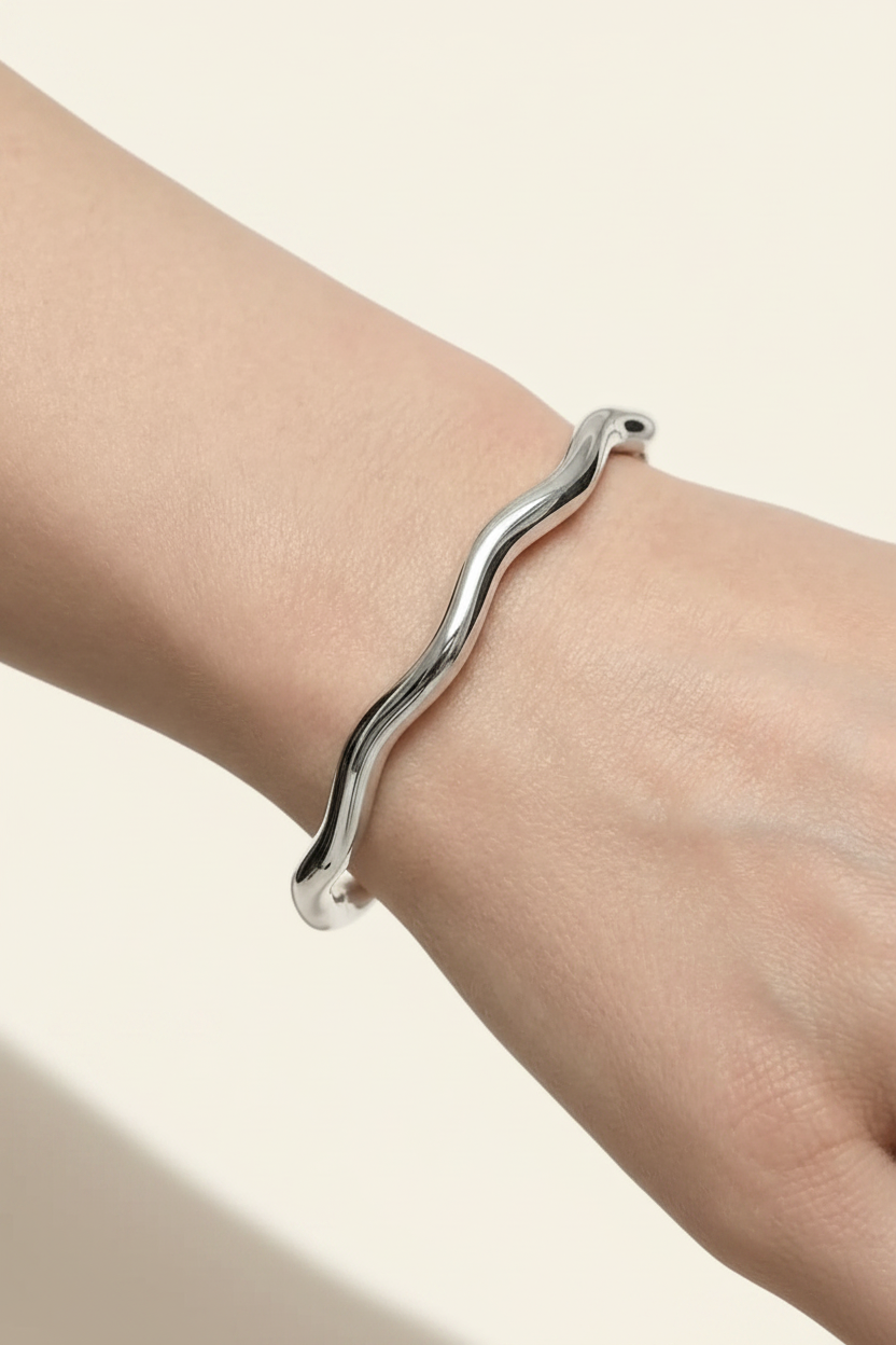 Dune Wave Cuff Bracelet in Silver - Worn on Wrist