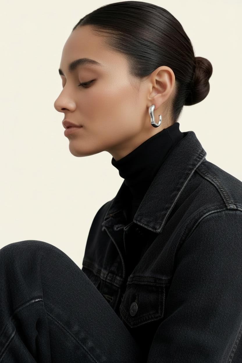 Ondine Sculptural Hoops - Silver - Model Wear