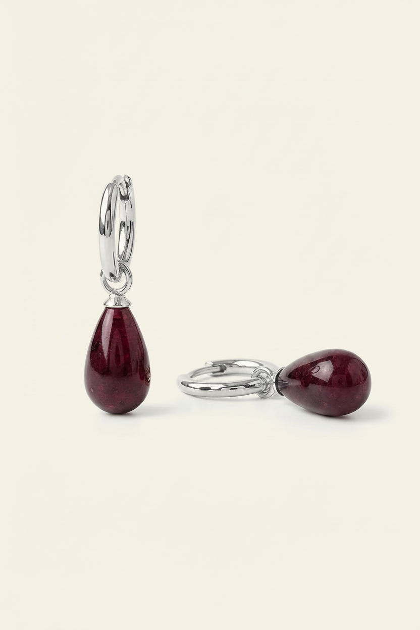 Garnet Huggie Drop Earrings - Silver - Angled View