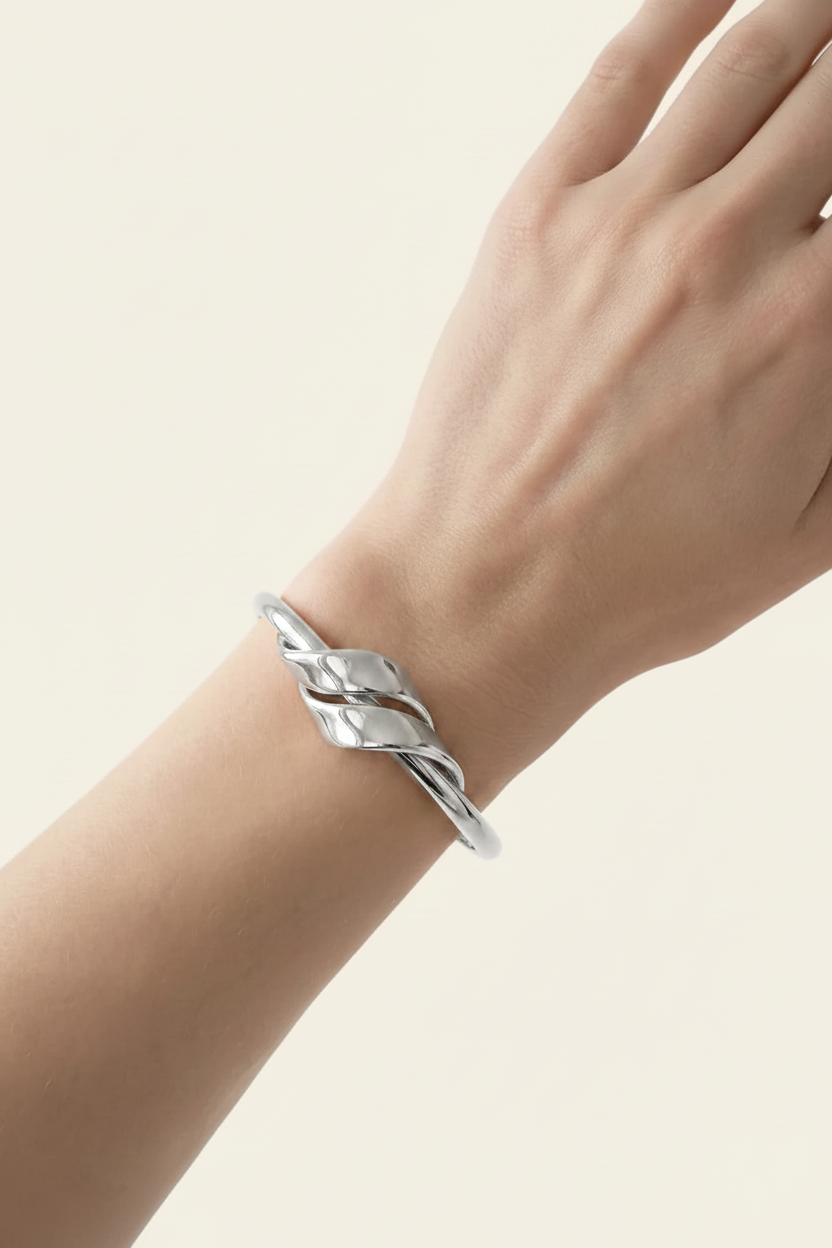 Knot Cuff Bracelet - Silver - Wrist Close-up