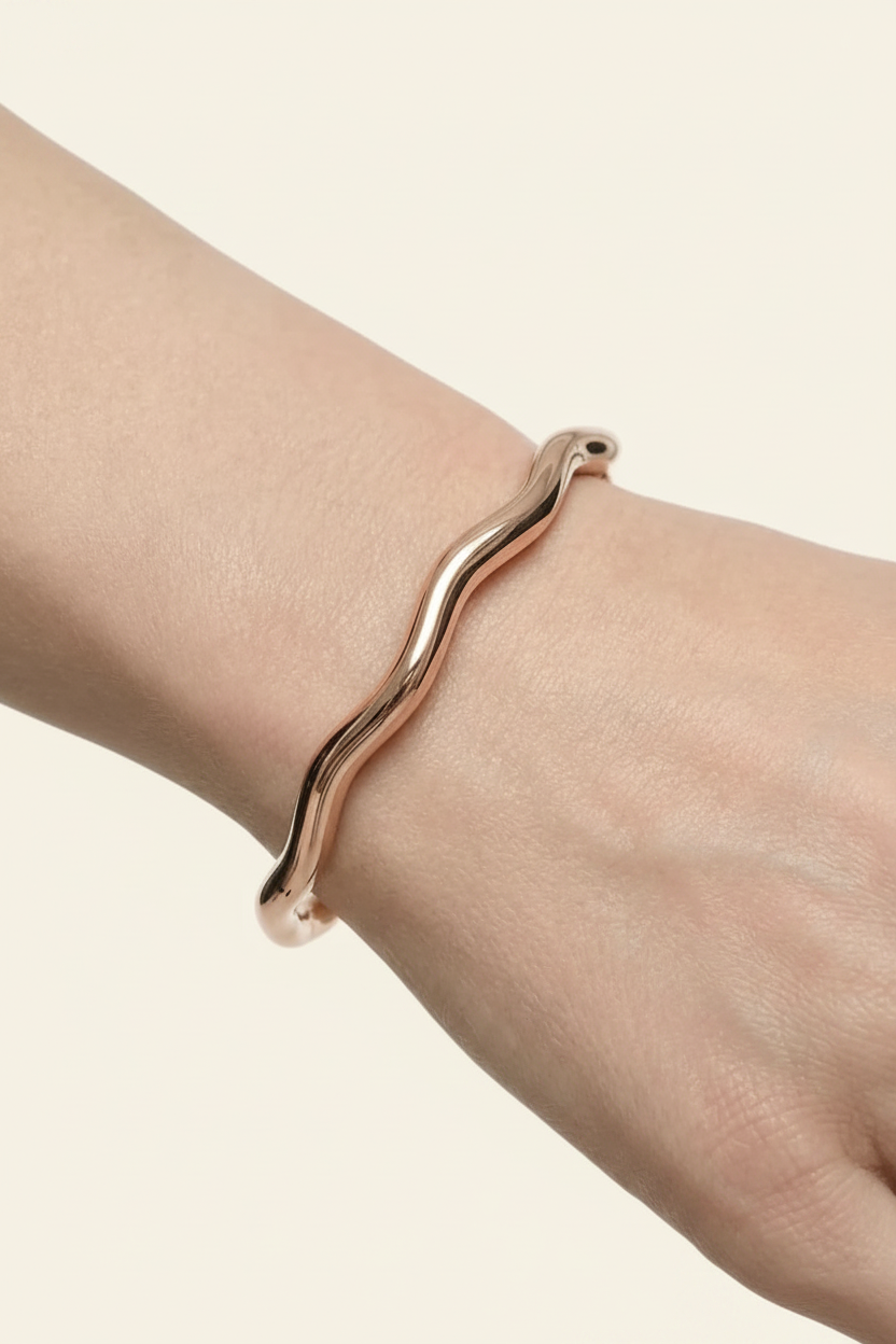 Dune Wave Cuff Bracelet in Rose Gold - Worn on Wrist