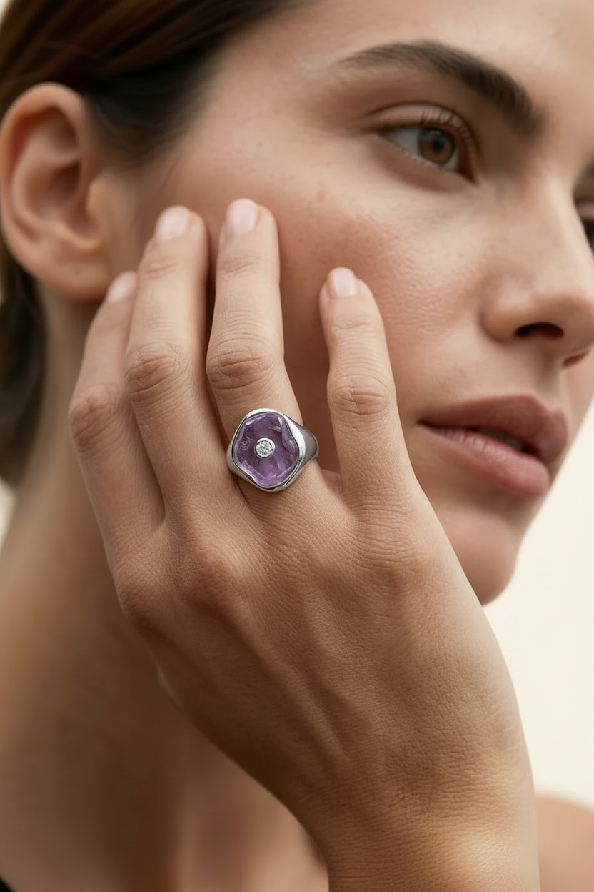Violet Stone Signet Ring Silver - Model Hand